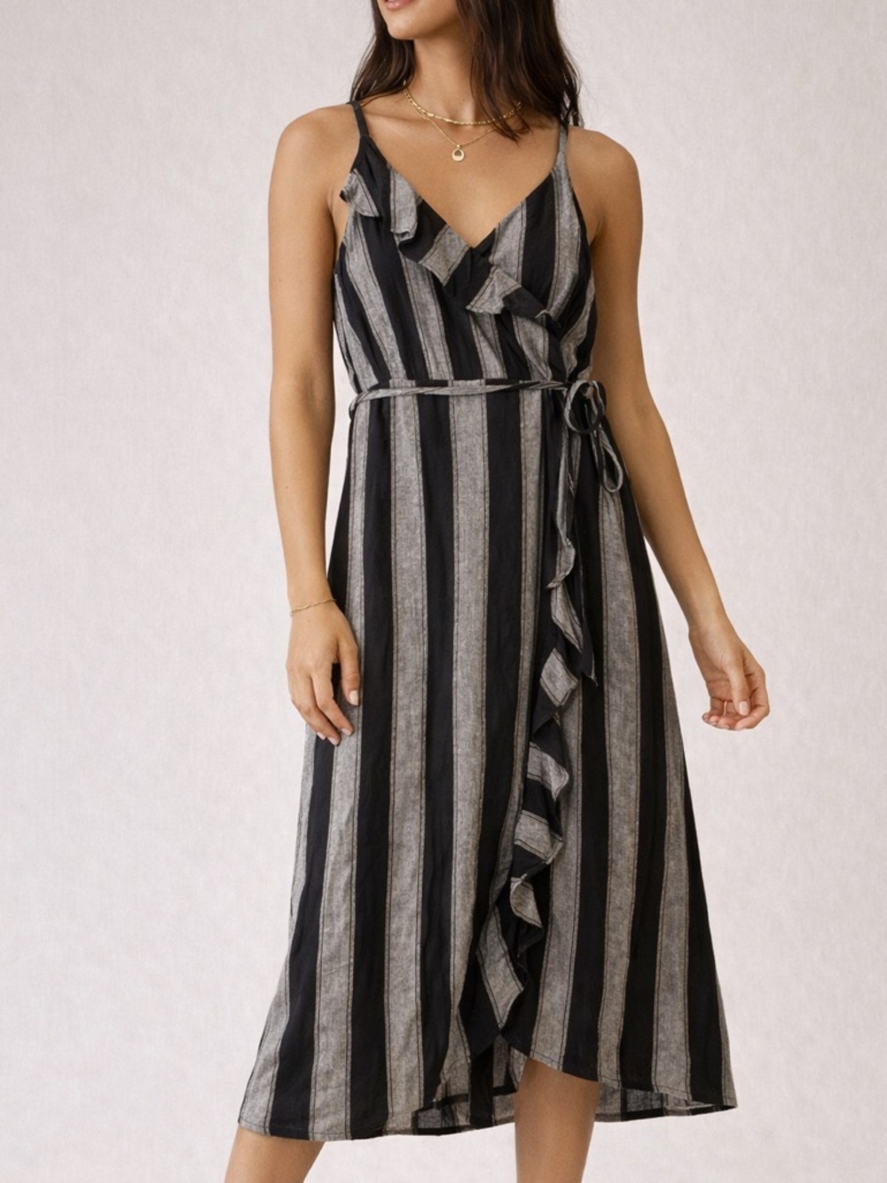 Rails Ariel Thompson Stripe Faux Wrap Midi Dress Linen Blend Medium